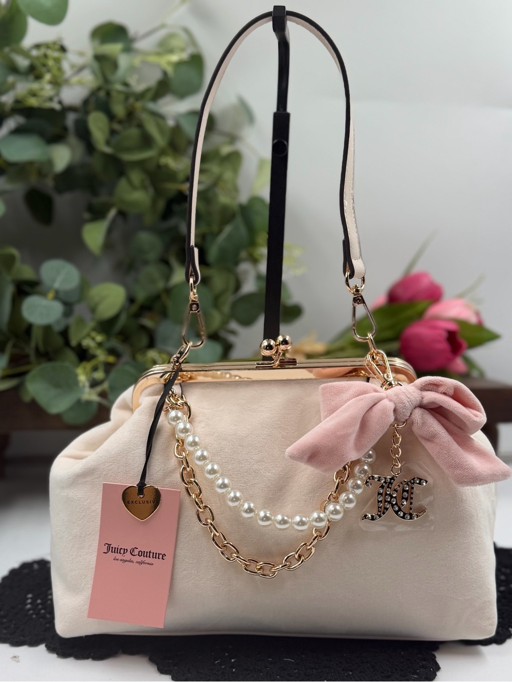juicy couture charm haus soft white frame clutch pearl bow velvet nwt